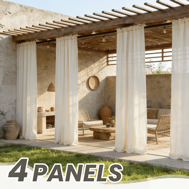 Image of 4pcs Of Beige Semi-transparent Outdoor Curtains, Made Of 100% Polyester, Rod , Suitable For , Provides Privacy, Machine Washable