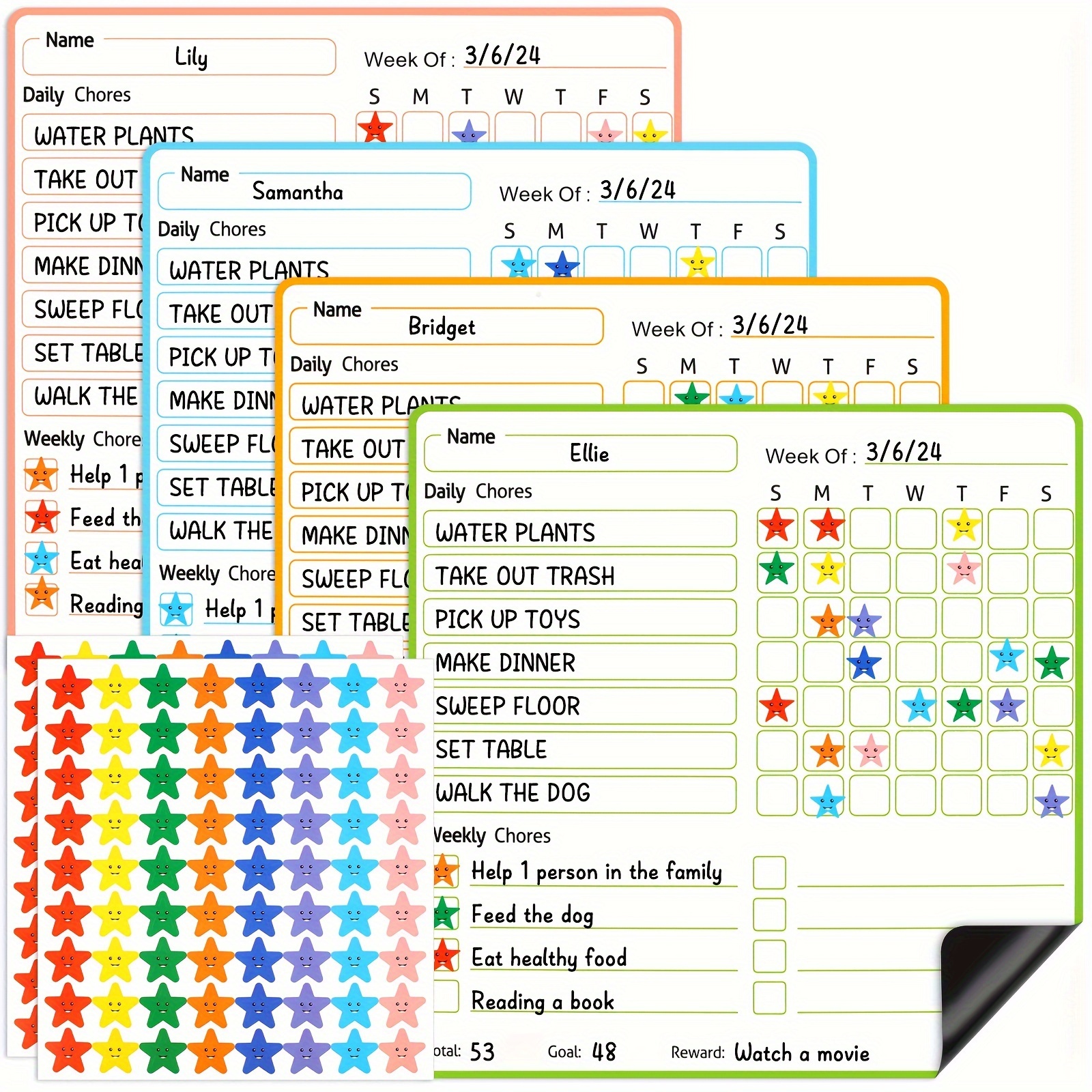 Magnetic Dry Erase Chore Chart Multiple, 4pcs Magnetic Dry Erase With 2 Sheets Self-adhesive Star Stickers, Magnetic Chore Chart For Refrigerator Chore