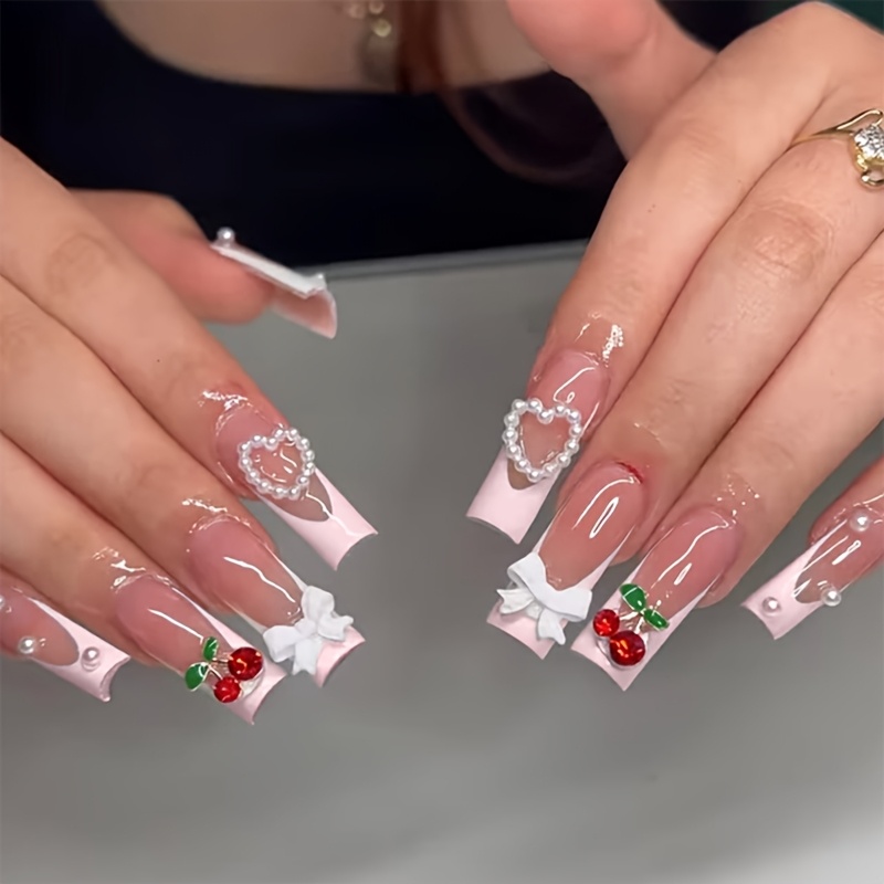 TEMU 24 pièces Ongles Press-On Longs Tuyau d'Eau Pointes Blanches Acrylique Couverture XXL/XXXL 3D Nœud & Cœur & Rouge Strass Surface Brillante Luxe