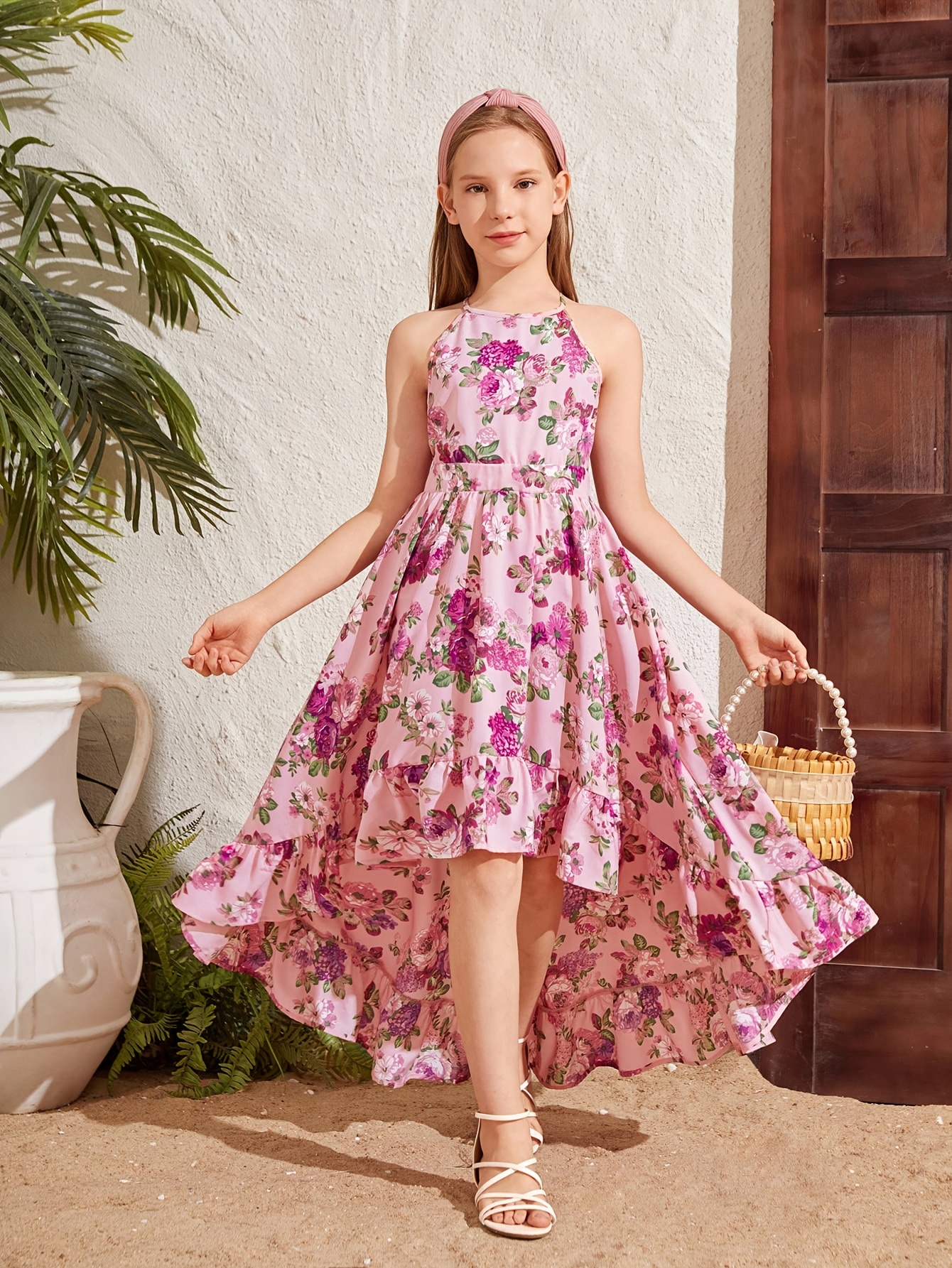 Elegant Floral Print Midi Dress for Teen Girls, Sleeveless Off-Shoulder  Polyester with Elastane, Summer Party Slip with Frill Detail, Mermaid Hem,  Con