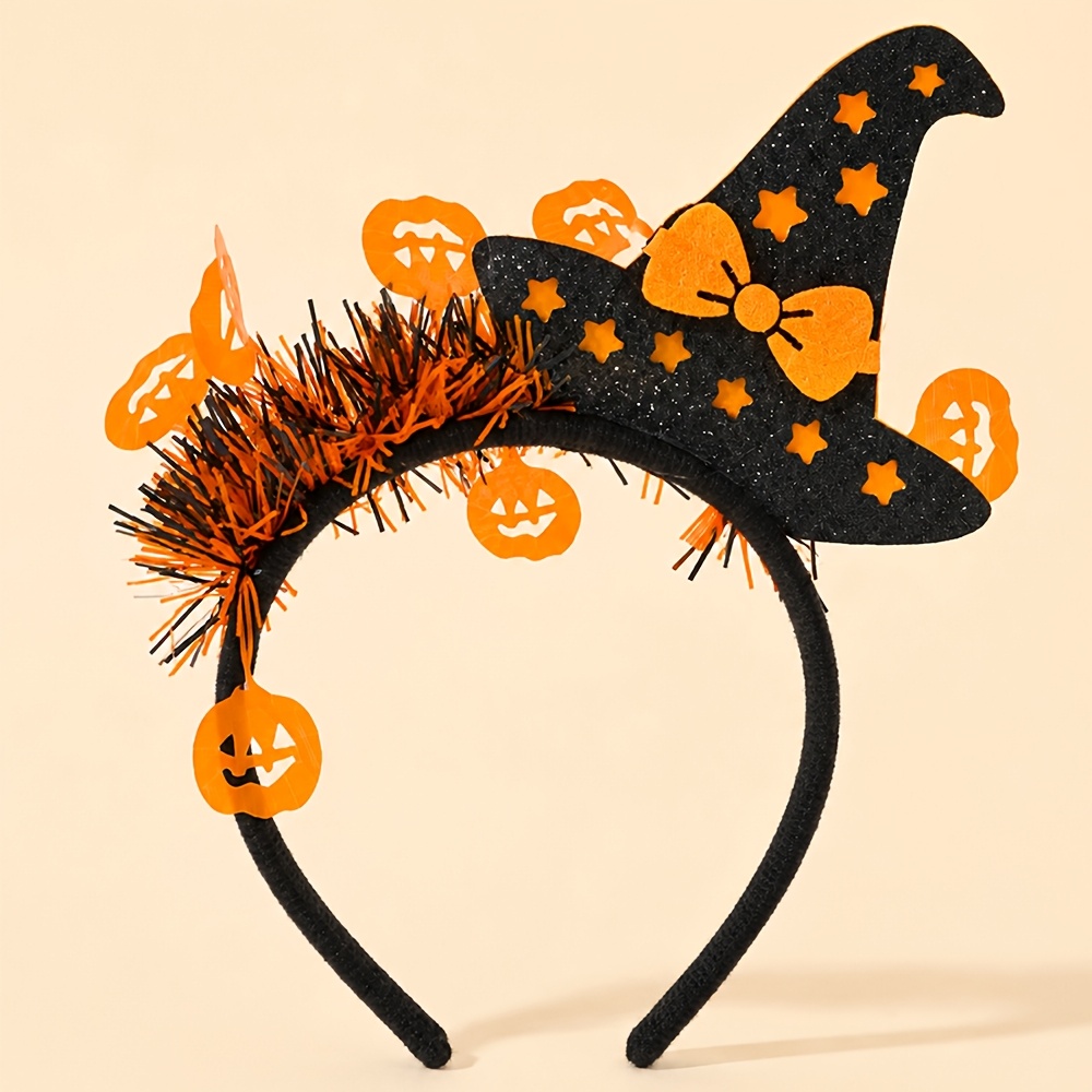 Image of 1pc Halloween Witch Hat Headband Glitter Black Witch Hat With Star & Bow Tinsel & Pumpkin Cutout Decor Hair Hoop Women Halloween Cosplay Party Costume Headwear