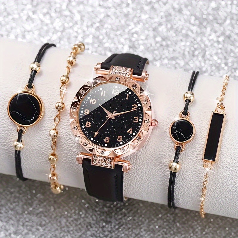 

5pcs/set Women's Starry Rhinestone Quartz Watch Analog Pu Leather Wrist Watch & Bracelets, Gift For Mom Her