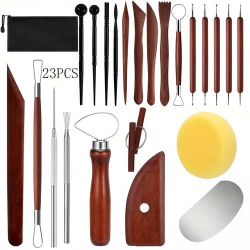 23pcs wooden ceramic tool set handcrafted pottery sculpture kit with carving polishing and detailing accessories for diy clay art crafts