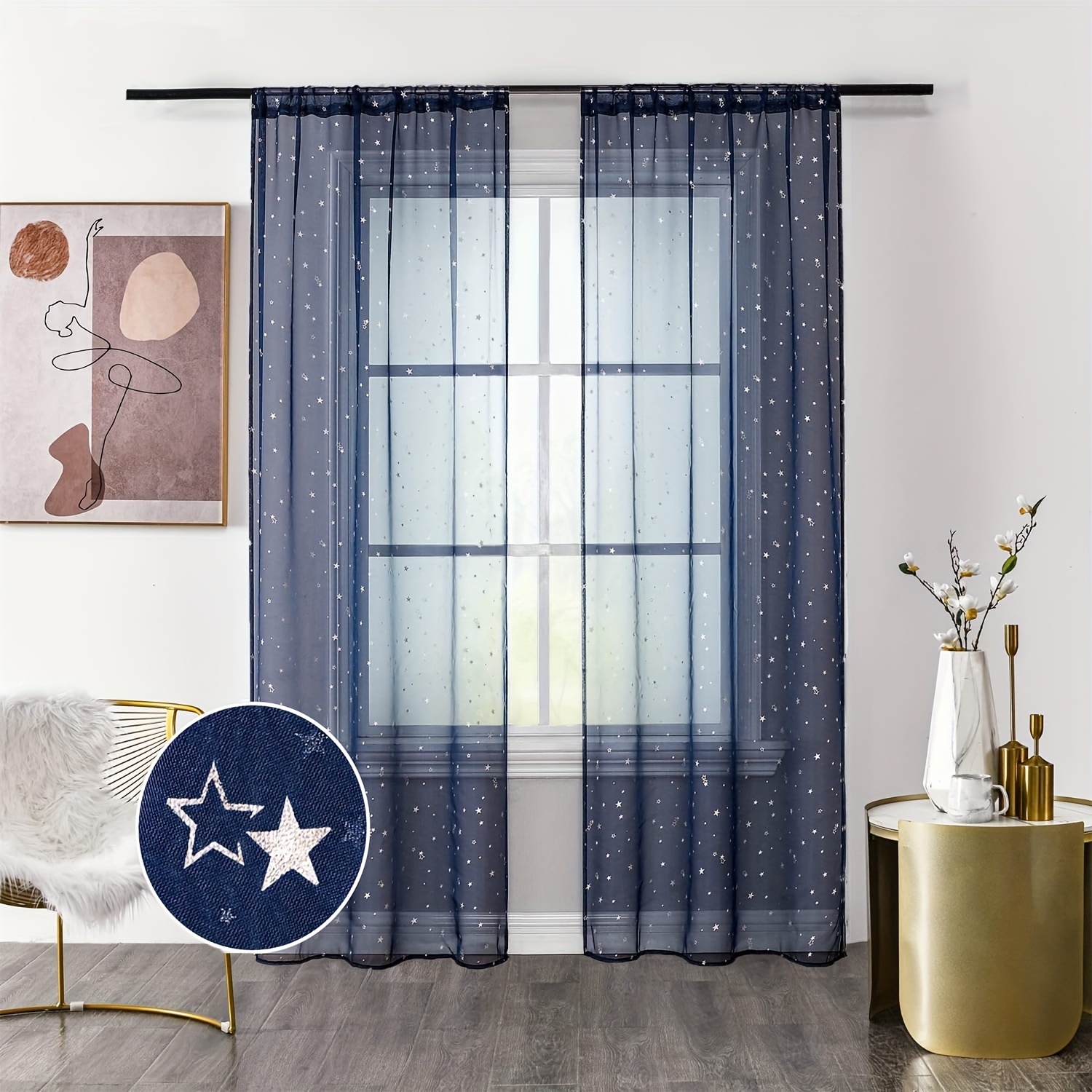 2pcs Of Hot Stamping Pattern Tulle Curtains, Bedroom, Living Room Decorative Curtains