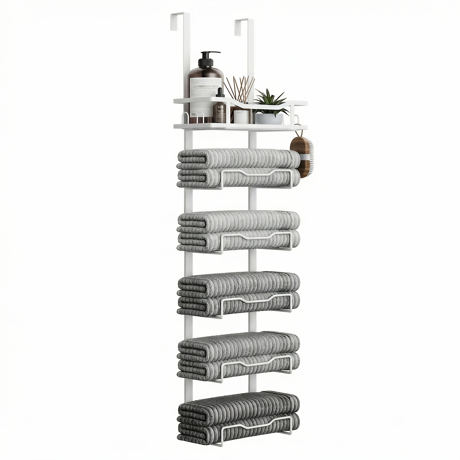6-tier Over Door Towel Rack White, To 15 Towels, Floating Top Storage Shelf, Rust-proof & Sturdy, No Drilling Required, , Wall & Tile Friendly Towel Organizer For Apartment Renters, Towel Racks
