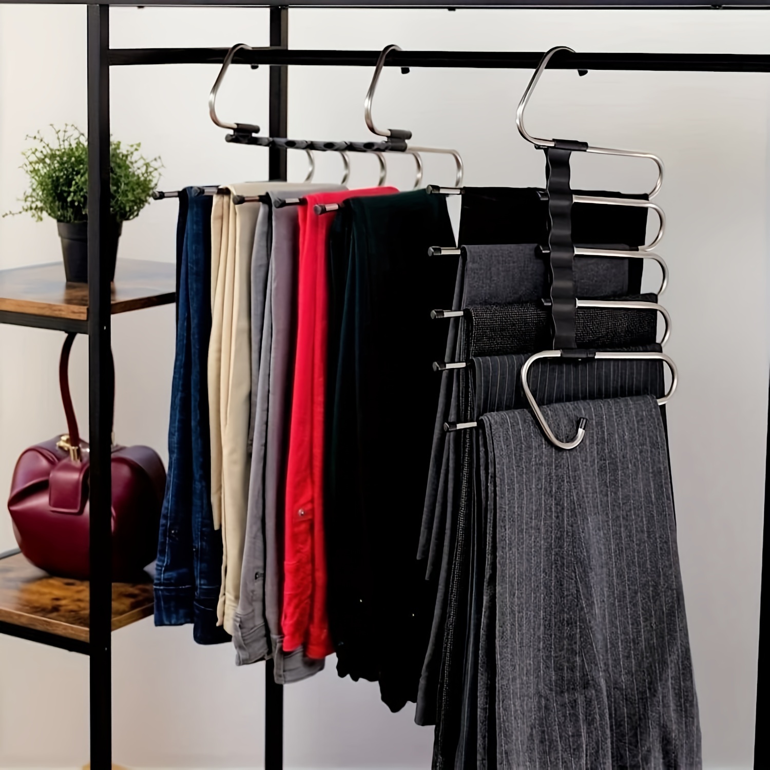 

5/10pcs Space Saving Black Metal Pants Organizer, Hanger, Pants Hanger, Storage Rack