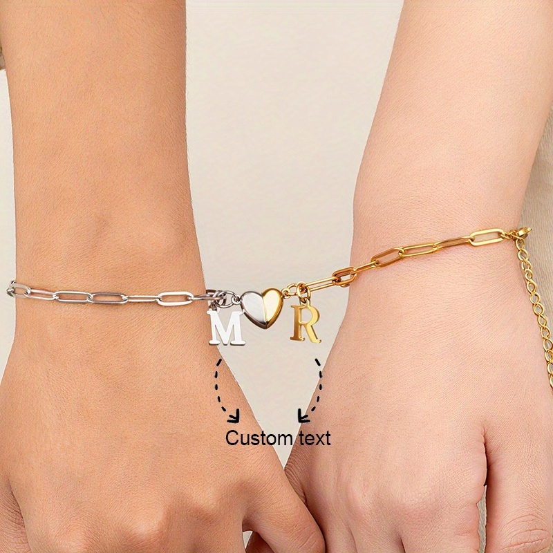 TEMU 2pcs Custom Initial Letter Bracelets Stainless Steel Chain Personalized Heart Pendant Unisex Fashion And Simple Custom Jewelry Suitable For