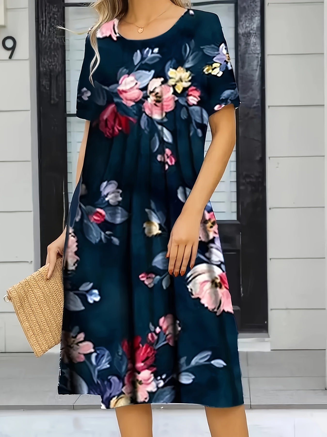 plus size floral print pockets dress casual short sleeve crew neck dress for spring summer womens plus size clothing details 2