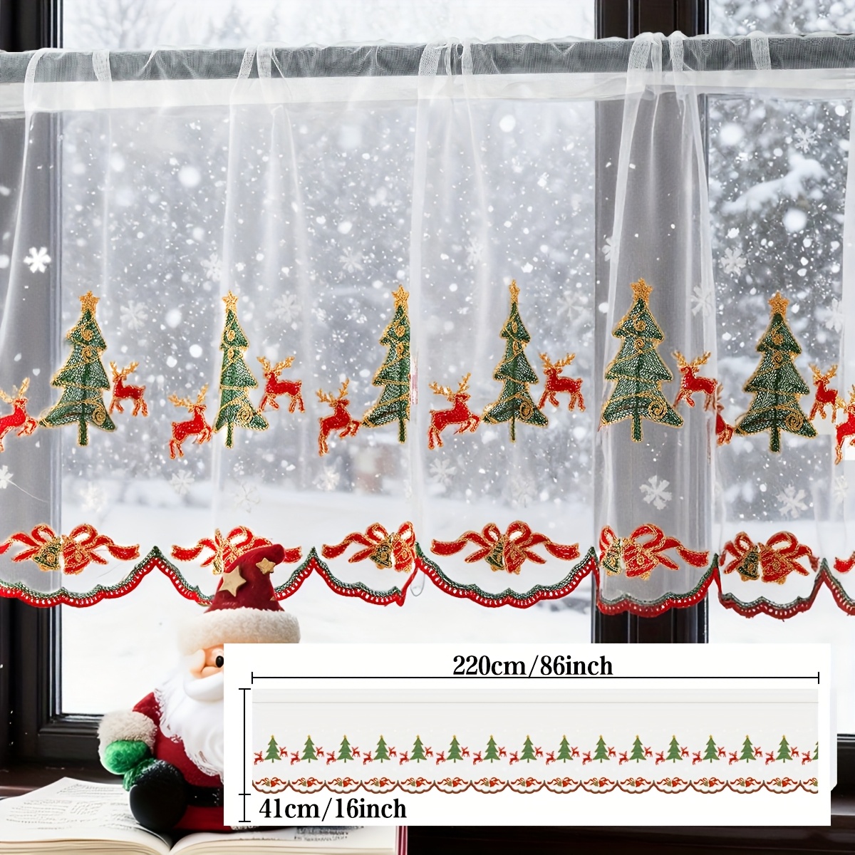 TEMU 1pc Christmas Curtain, Transparent Embroidered Short Curtain With Rod Pocket For , Christmas Tree, Deer, And Snowflake Design, Suitable For