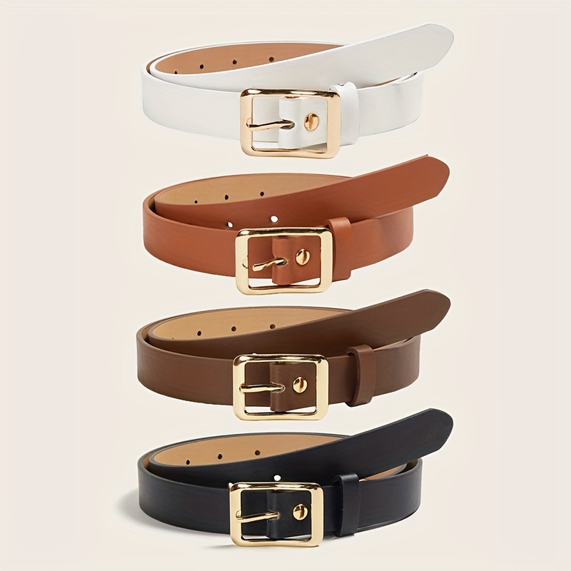 TEMU 4pcs Stylish Pu Leather Belt Golden Buckle Thin Belts Jeans Pants Accessories Suitable For Women