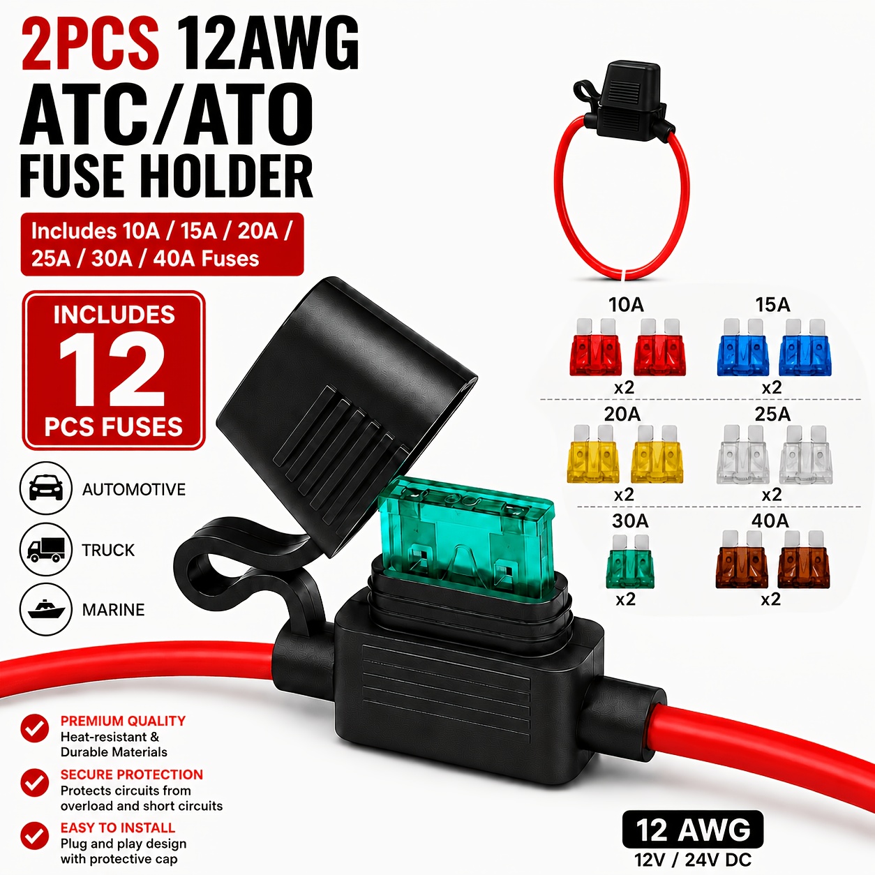 TEMU 2pcs 12awg Inline Atc/ato Blade Fuse Holder Set, Max 40a 12v/24v , Wire & Brass Contacts, Protective Cover Fuse Holder With Assorted