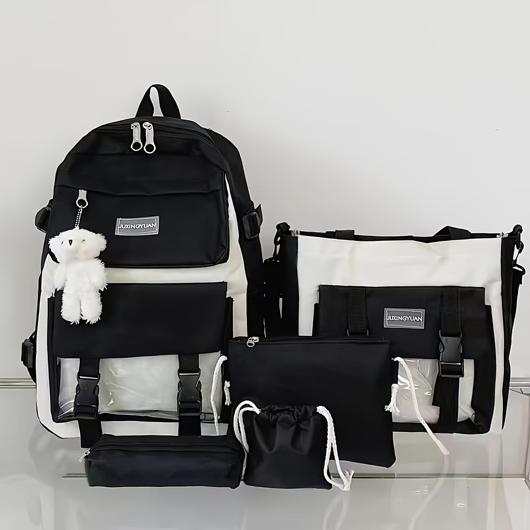 TEMU Black And White Contrast 5pcs Backpack Set, With Little Bear Pendant, Multi-functional Campus Bag And Commuter Bag