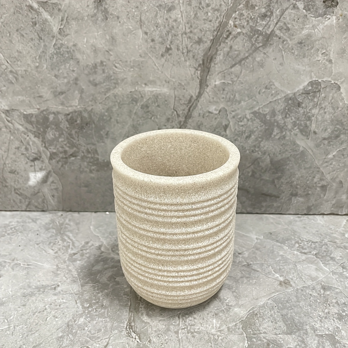 Water Transfer Print Nozzle, Beige Gravel Emulsion Bottle Mouth Cup, Toothbrush Holder, Toilet Brush with Wooden Handle, 4pcs Bathroom Set