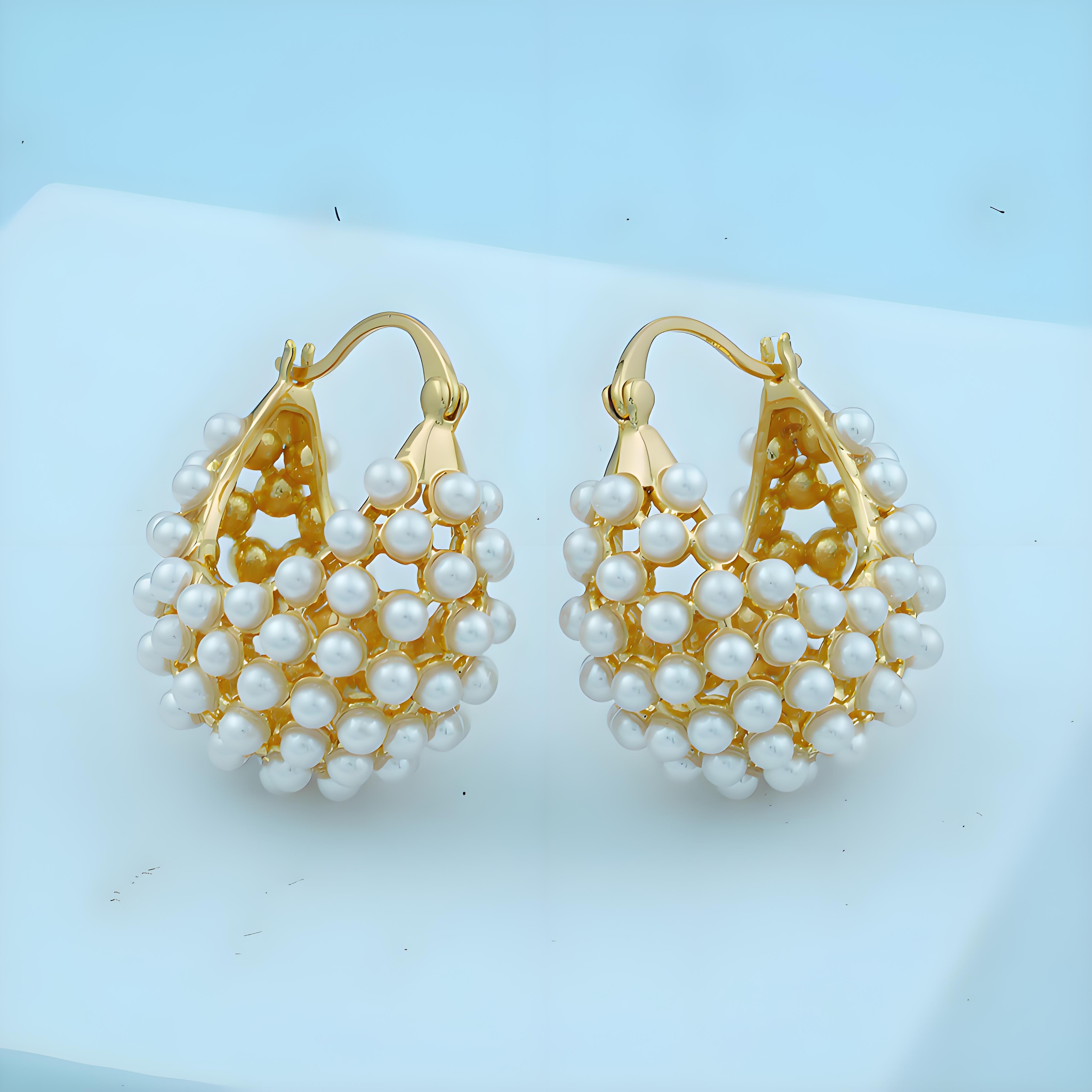 

Boucles d'oreilles créoles élégantes et luxueuses avec des perles d'imitation, motif en cuivre , placage, adaptées à un et aux cadeaux, accessoire toutes