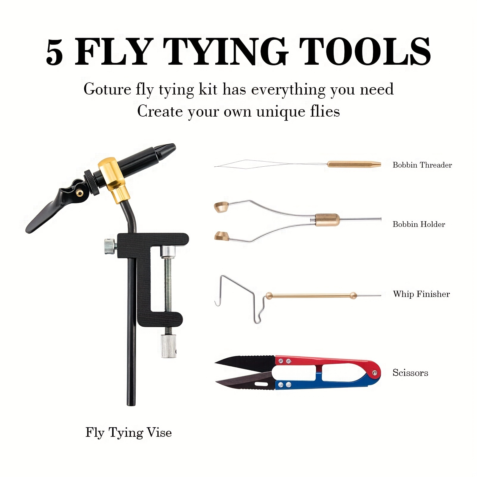 * Fly Tying Tools Kit, Fly Tying Vise, Bobbin Holder, Threader, Needle,  Whip Finisher, Scissors, Fishing Tool For Beginner