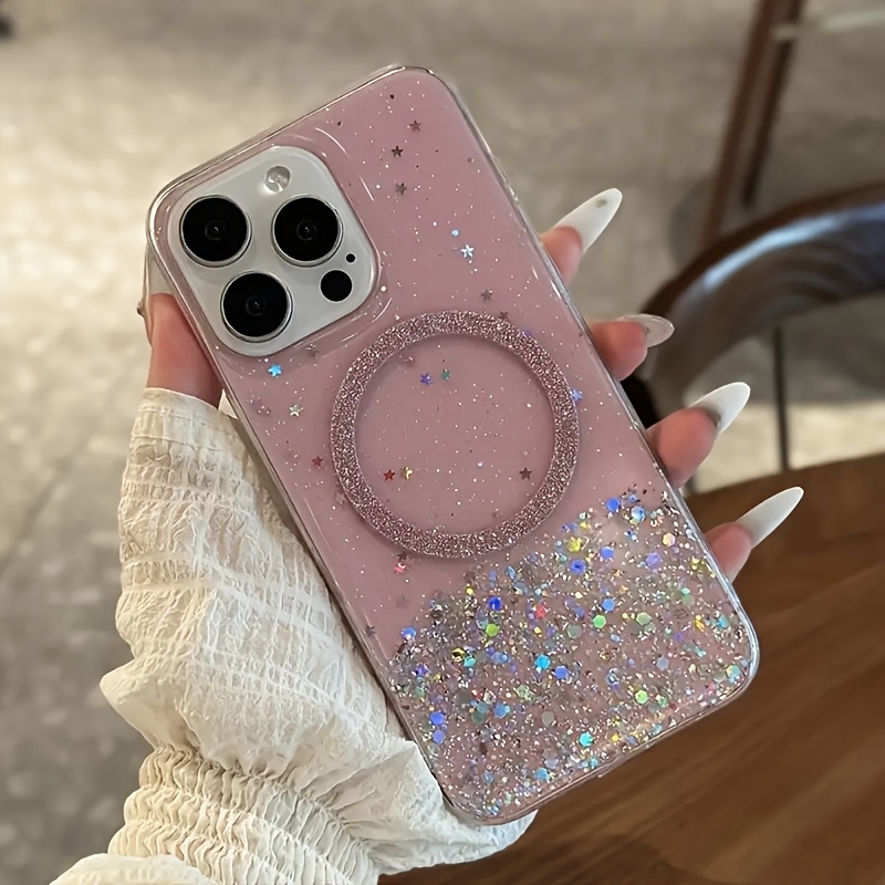 Fashionable Glittering Sequined Magnetic Epoxy Transparent Phone Case Compatible with iPhone 16 15 14 Plus 13 12 11 Pro Max XM XR XS X Blingbling Transparent Shockproof Back Cover. - Image 5