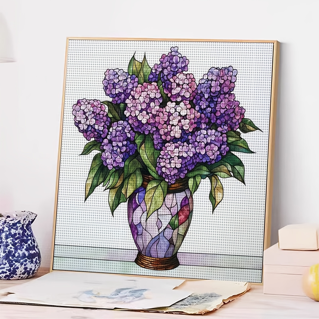 Cross Stitch Printed Kit, Colorful Bottles in Pink Bouquet Pattern