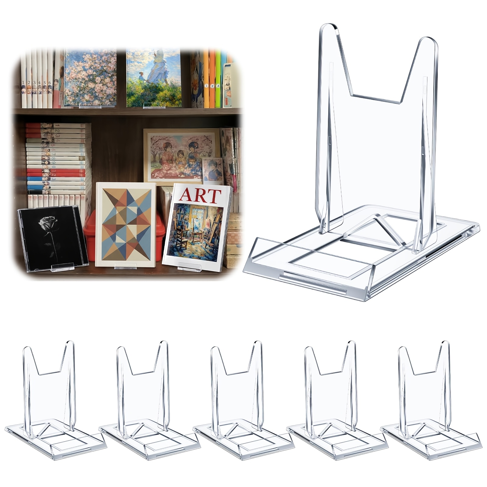 Image of 5-pack Acrylic Book Stand For Display Adjustable Clear Book Display Holder Easel Rack Stand For Home Office Back To School Library Bookshelf Comic Magazine Postcard Artworks