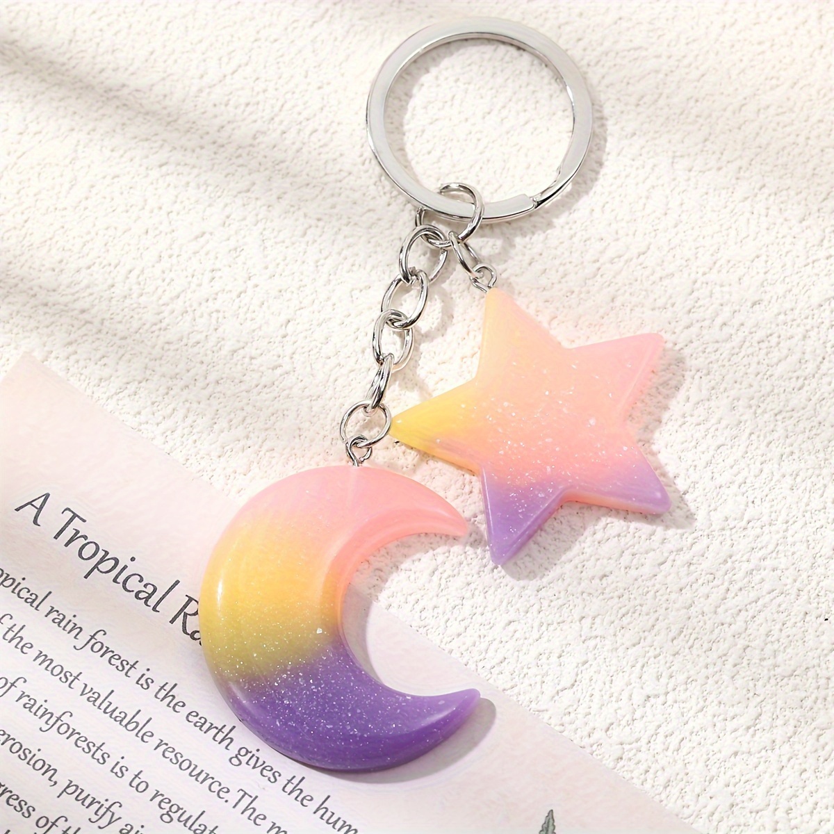 GANDC Aesthetic Star Moon Keychain - Cute Dainty Stainless Steel Key Ring For Bags, Purse