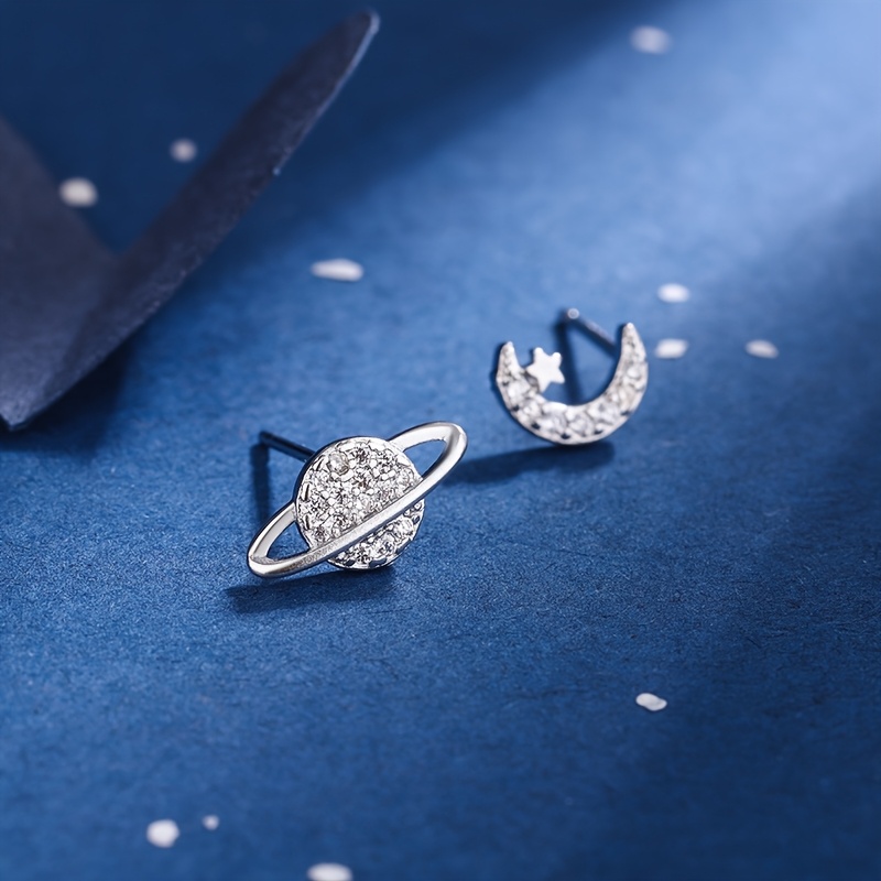 A Pair Of Asymmetrical Planet And Moon Stud Earrings For Women, Simple, Stylish, Small, And Minimalist With Synthetic Zirconia Stones
