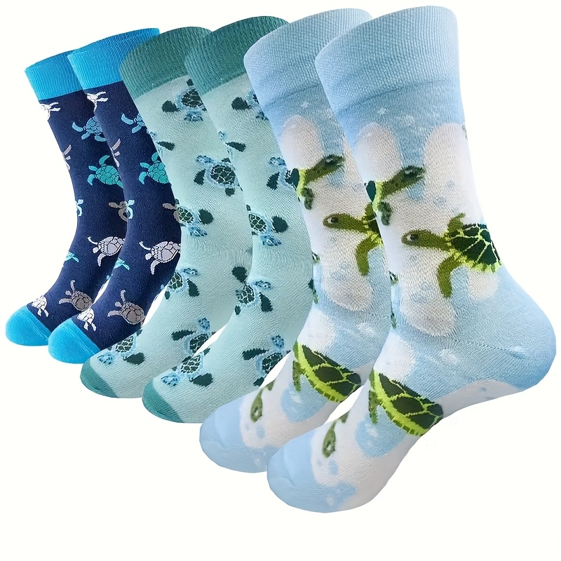 

3 Pairs Unisex Turtle Print Ankle Socks, Cartoon Pattern, 100% Polyester, Knitted Fabric, Hand Wash/, Couple's Casual Footwear