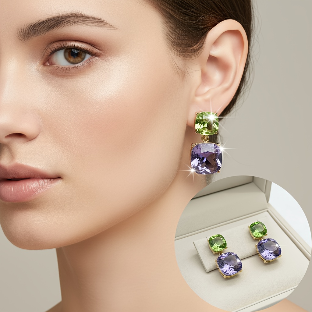 E-shop 1 Paar elegante, farbblockierte, quadratische Zuckerwürfel-Ohrringe für Damen im Vintage-Stil, eingelegt mit glänzenden farbigen