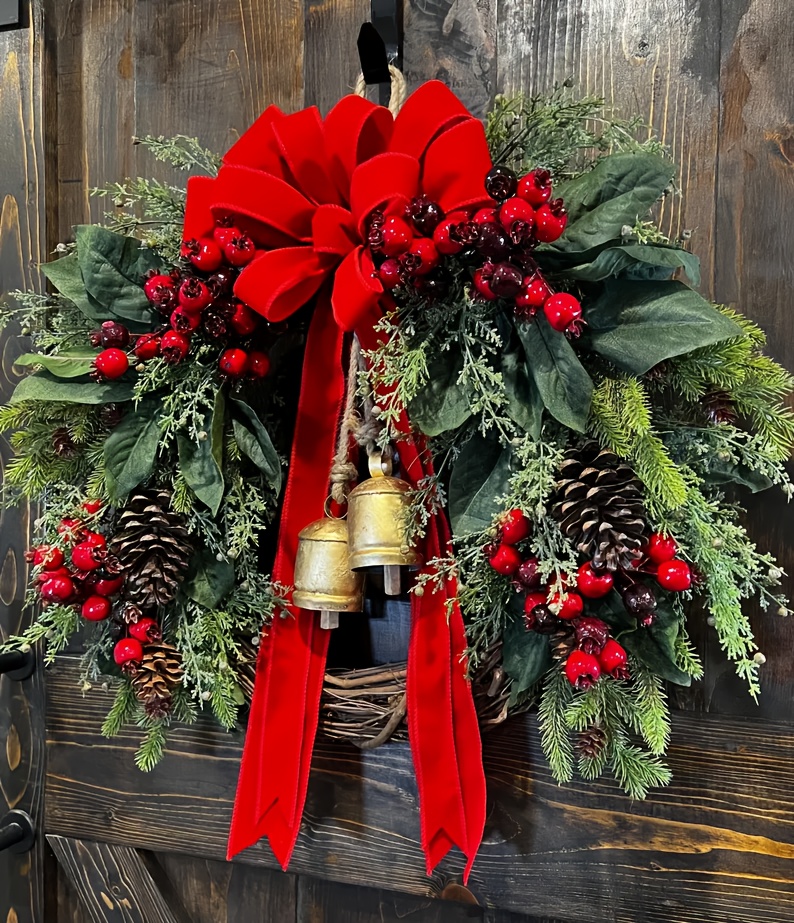 Large Rustic Farmhouse Christmas Wreath with Golden Bells, Red Berries & Pine Cones - Heavy-Duty Plastic /Outdoor Door Hanging Decoration, Burgundy Bow & Green Foliage for Front Door, Mantel, Year-Round Holiday Décor (Golden/Green)
