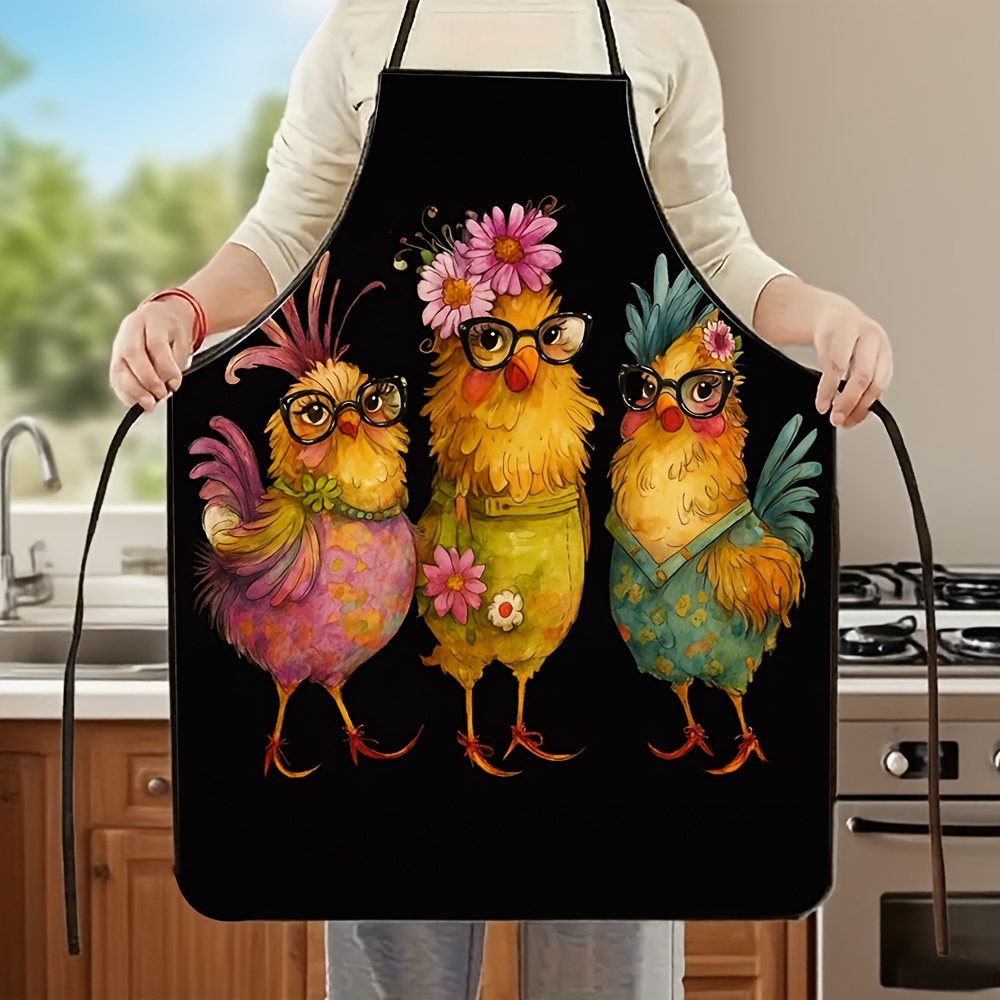 TEMU 1pc Of Cute Chick Apron Featuring 3 Adorable Rooster And Chick Designs - Adjustable Waistband Kitchen Apron, Durable Cooking Baking Gardening