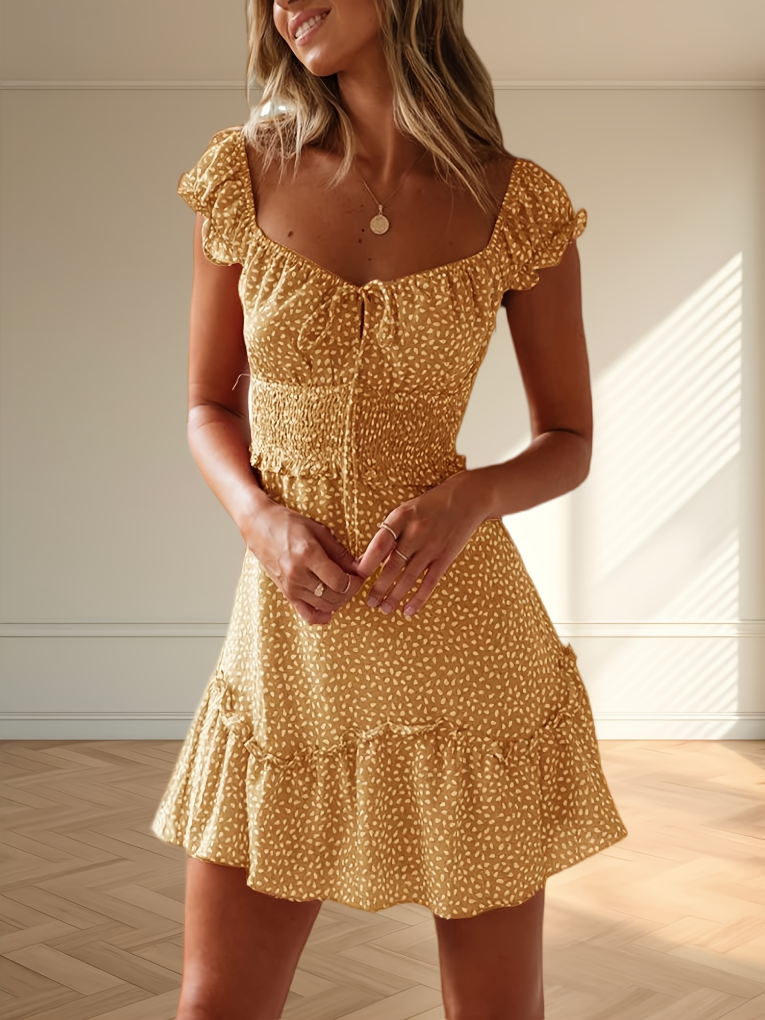 Women's Red & White Polka Dot Boho Dress - Smocked Ruffle Tie Front, V-Neck Short Sleeve Mini Dress with X-Silhouette, Machine Washable for Spring