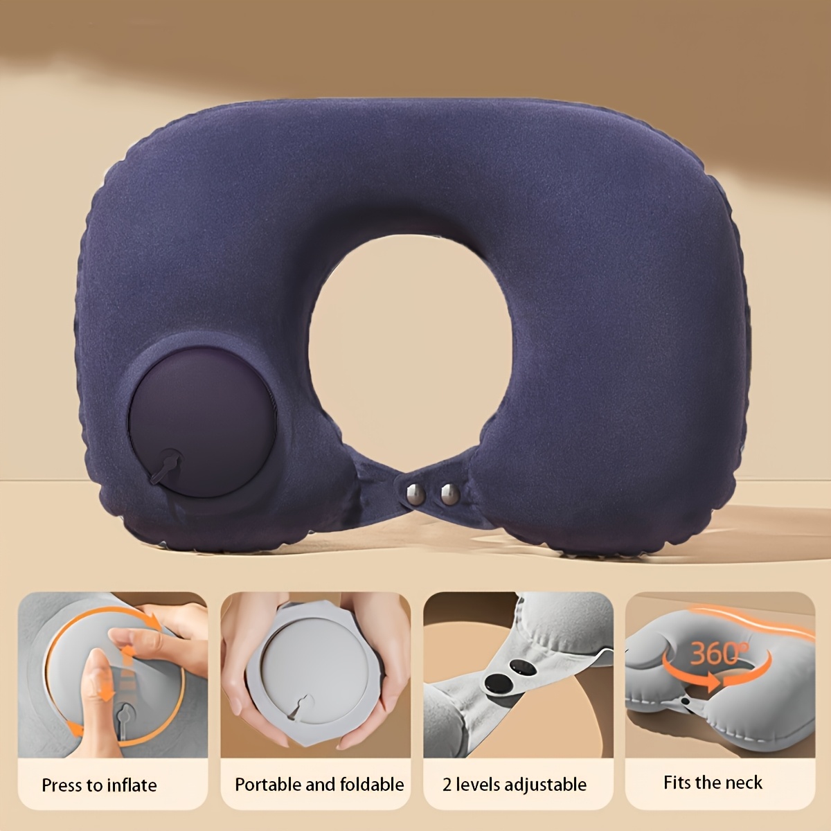 1pc   adjustable compressed inflatable u shaped neck pillow portable and foldable car neck support cushion with 2 air pressure levels easy inflate for office and car use spot clean grey details 9