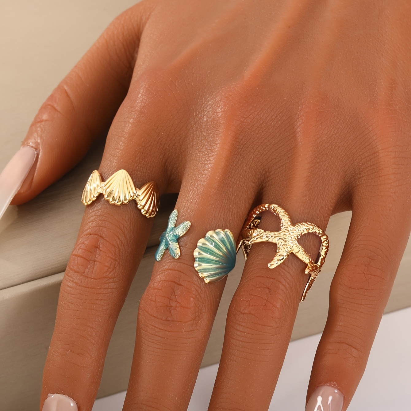 E-shop Meeresmotivierter Ring-Set mit Metallgehäuse und Seestern für Damen, für Urlaub und