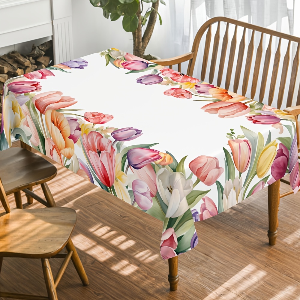 TEMU 1pc Of Spring And Summer Tulip Floral Printed Rectangular Tablecloth, Durable Polyester Table Cover, Suitable For Home Dining Rooms, Living