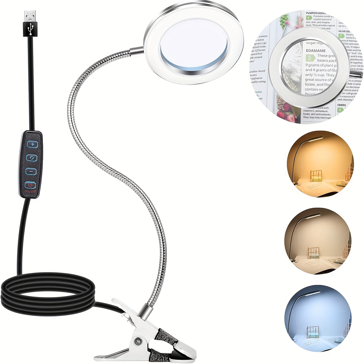 TEMU Loupe grossissante 5X avec lumière et support, lentille de 2.76 pouces, 24 lumières LED, 3 modes de couleur, loupe pour imprimés, réparation,