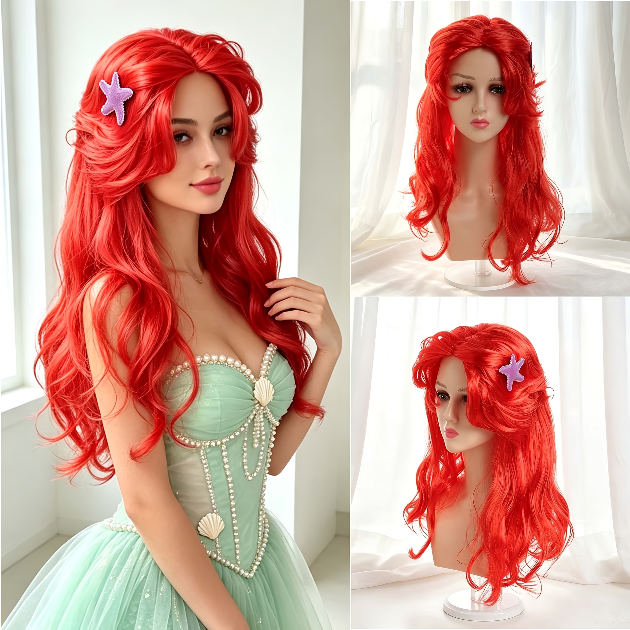 TEMU 1pc Long Curly Red Mermaid Cosplay Wig - Vibrant Natural Waves, Suitable For Halloween, Christmas, Role-playing, Stage Performances