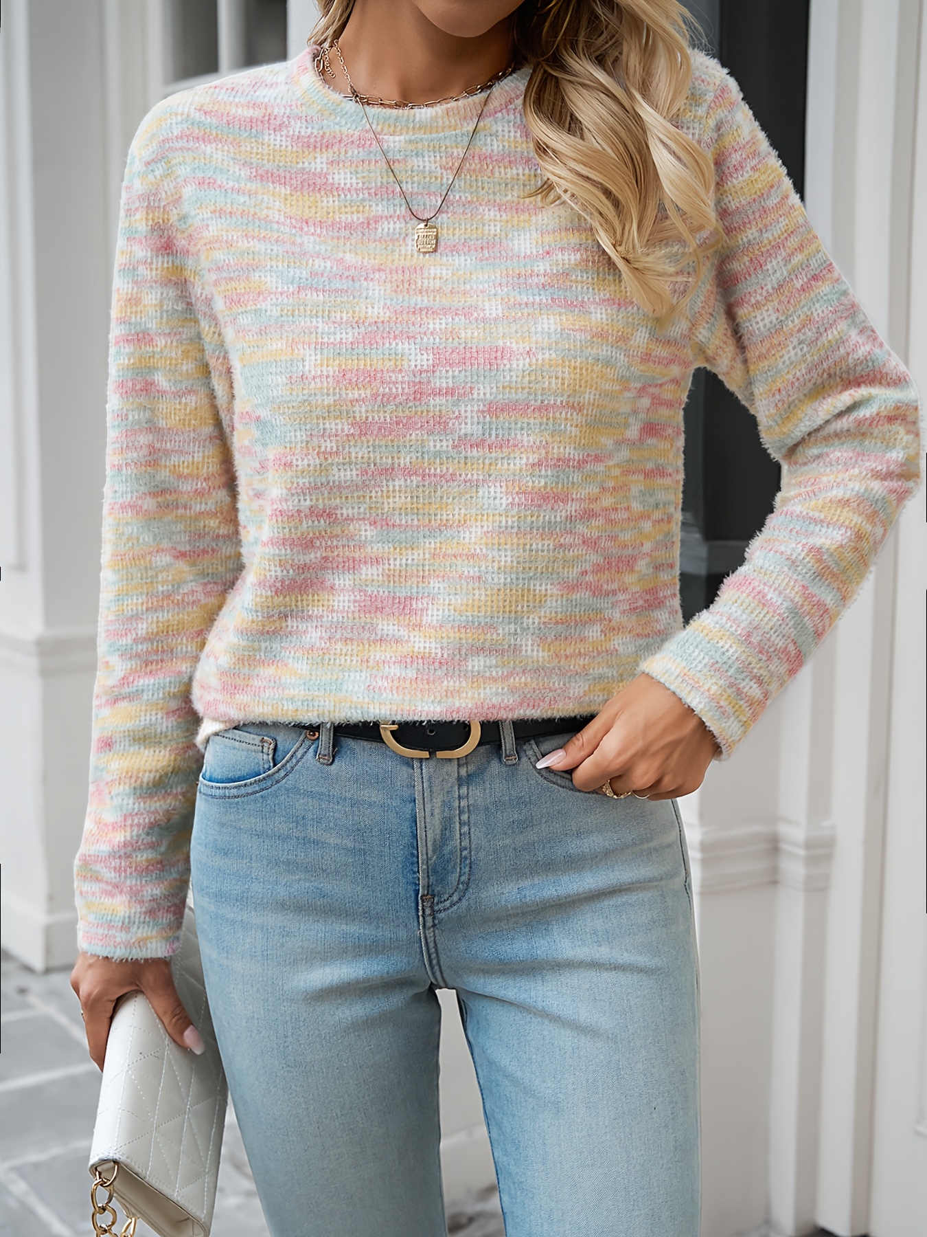 womens rainbow striped sweater pastel color Temu United Arab