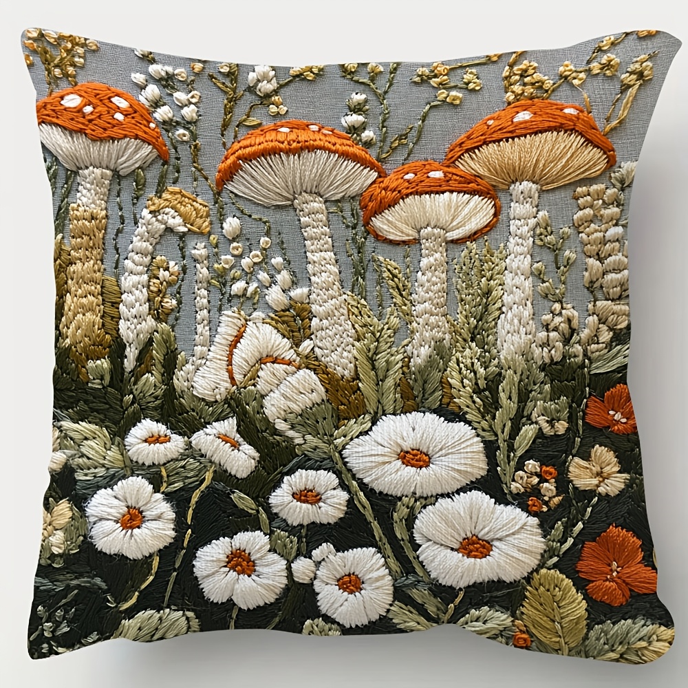 

1pc 18x18 Inch Short Plush Pillow Cover, Double-sided Print And Orange Mushrooms And Flowers, Soft And Stylish Decor For Sofa And Bed, Zip Closure, Machine Washable, No Embroidery - Polyester