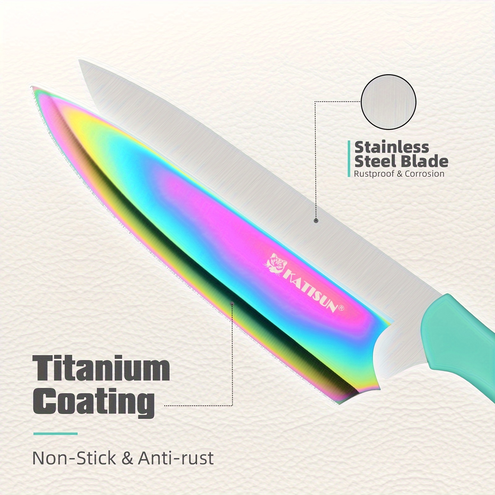 Set of 7 Rainbow Titanium Coated Stainless Steel Knives in a Box, Rust-Resistant And Dishwasher Safe, Includes 6 Knives with Blade Covers And Kitchen Scissors