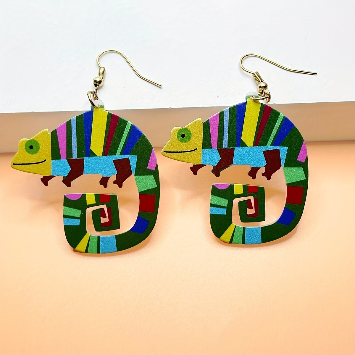 

Geometric Chameleon Earrings: Colorful, Acrylic, And Dangle Design For Everyday And Party Wear