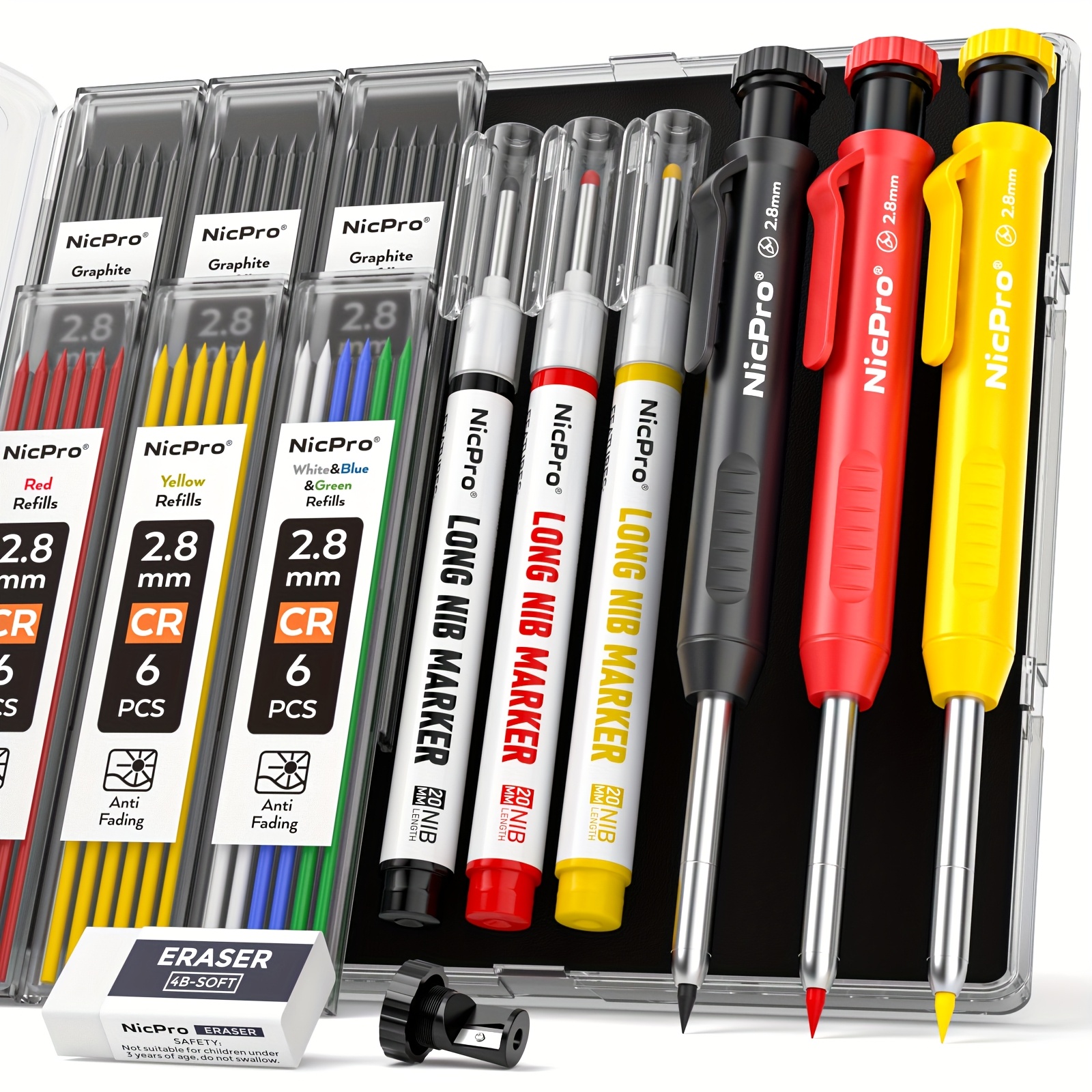 TEMU 1 Set (15/21 Pack) Pencil With Sharpener, Mechanical Carpenter Pencils With Refills, Deep Hole Long Nib Marker Pens For Construction, Heavy Duty