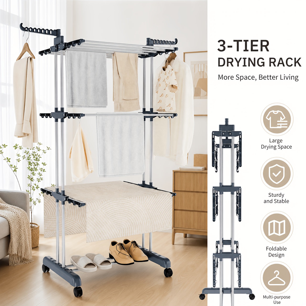 TEMU Séchoir à linge pliable à 4 niveaux avec roulettes, tour à linge encombrante avec 6 ailes pliables et 2 bras latéraux rotatifs pour une