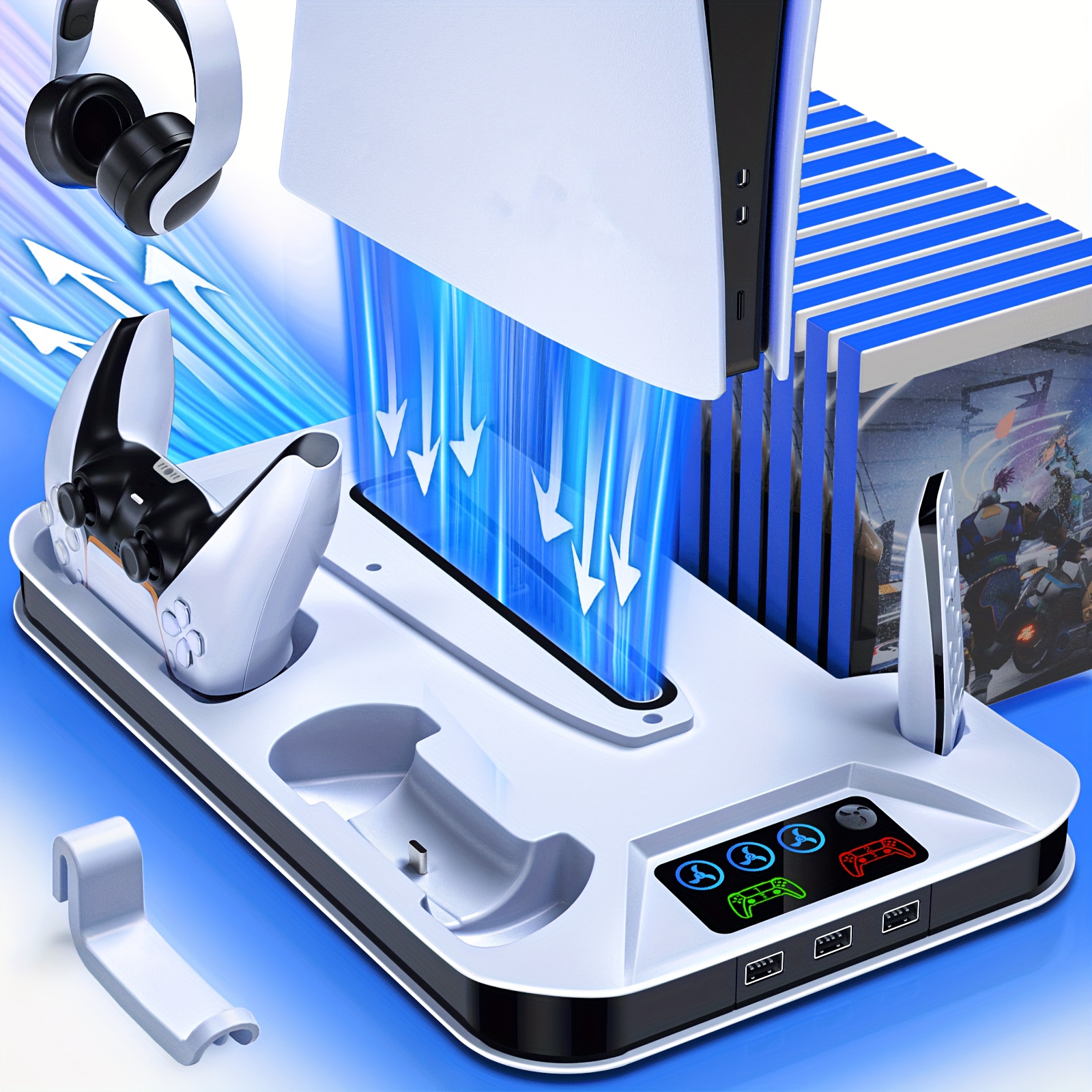 TEMU Cooling Station For Ps5/ps5 Slim/ | With Controller Charging, Cooling Fan, 3 Usb Hubs, Headset Holder, Screw - Made Of Abs, Operates Via Usb,