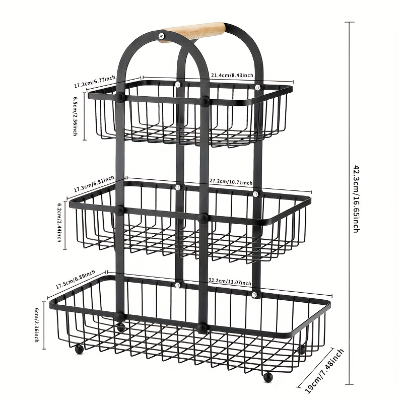 3-tier Kitchen Utility Racks, Multifunctional Countertop Storage Basket, Metal Wire Storage Basket With Wood Lift Handle, Rectangle Bowls For Living Room, Utility Racks