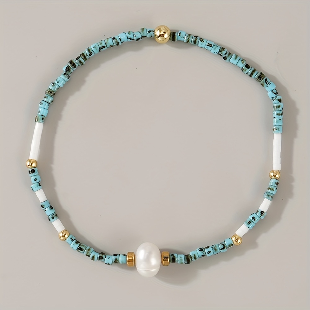 1pc Boho Chic Beaded Bracelet With Single Pearl Accent, Vintage-inspired Glass Bead Stretch Jewelry, Perfect For Daily Wear & Gifting, Accessory