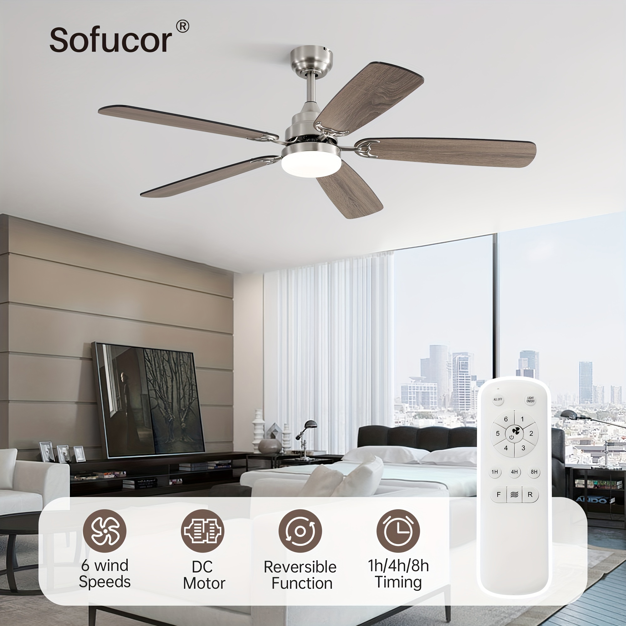 

Sofucor 52" Ceiling Fans With Lights And Remote, 6--color 3-timer Low Profile Ceiling Fan With Light, Noiseless Reversible Motor For Bedroom Living Room Patio (3 Downrods For High Floor)