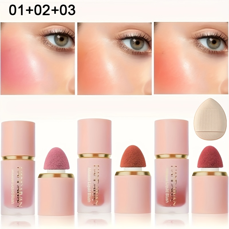Image of 3pcs Liquid Blush Set, With Free Thumb Puff, Face Makeup Contouring Matte Liquid Blush Easy To Color Rouge, Long-lasting Makeup Does Not Fade, Essential Cosmetics For Going Out, Perfect Gift