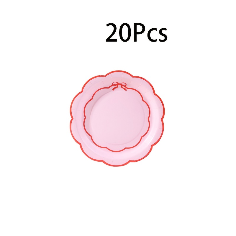 TEMU 20pcs, Red Bow Scalloped Pink Disposable Paper Plates Set, 9 Inch & 7 Inch Minimalist Shape Dinner Plates For Bow Themed Girl Birthday Party,