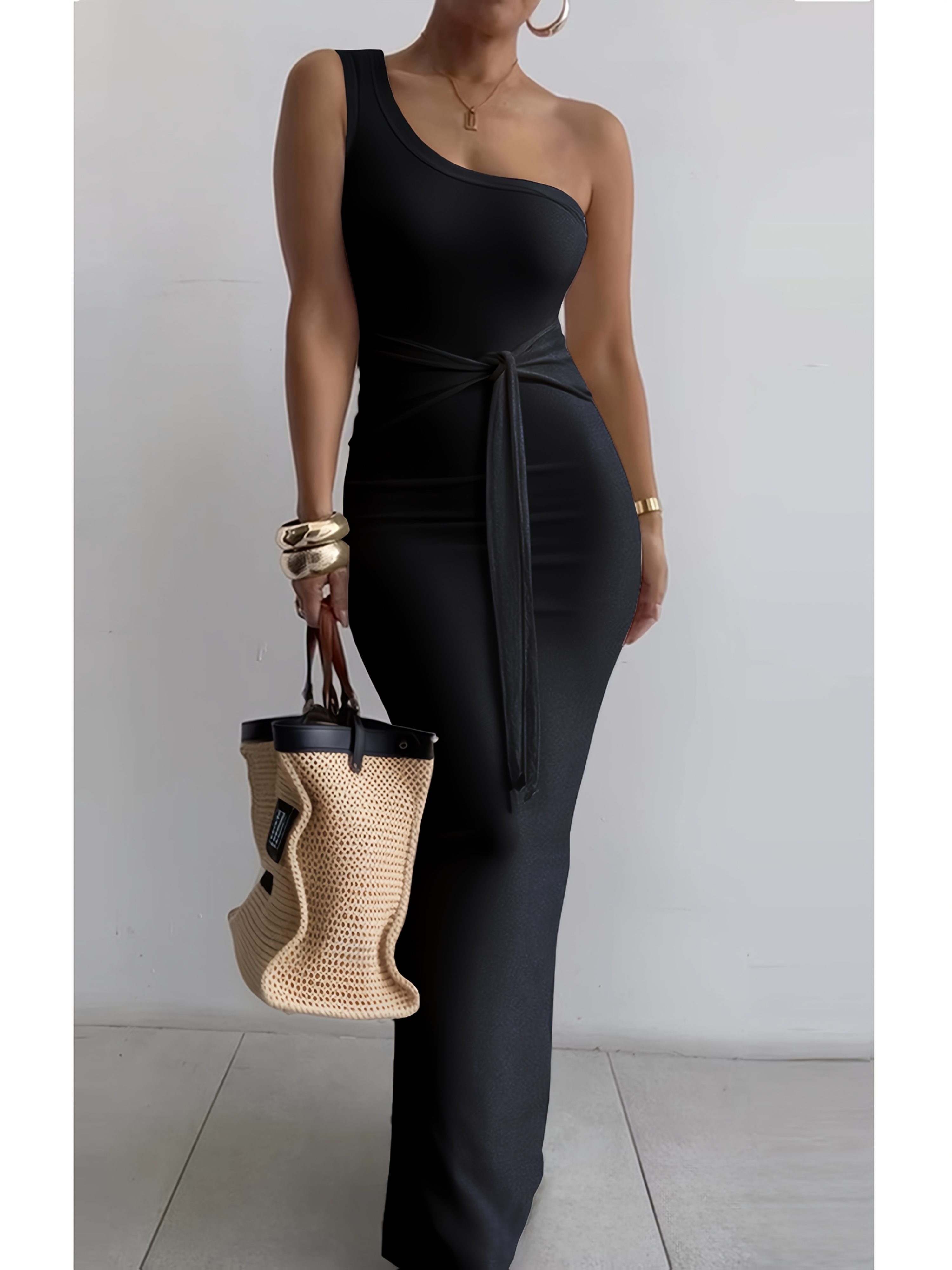 strapless open back dress One-Shoulder Sleeveless Stretch Velvet Top / Black Crepe Knit Gown L- / Jade main image 0