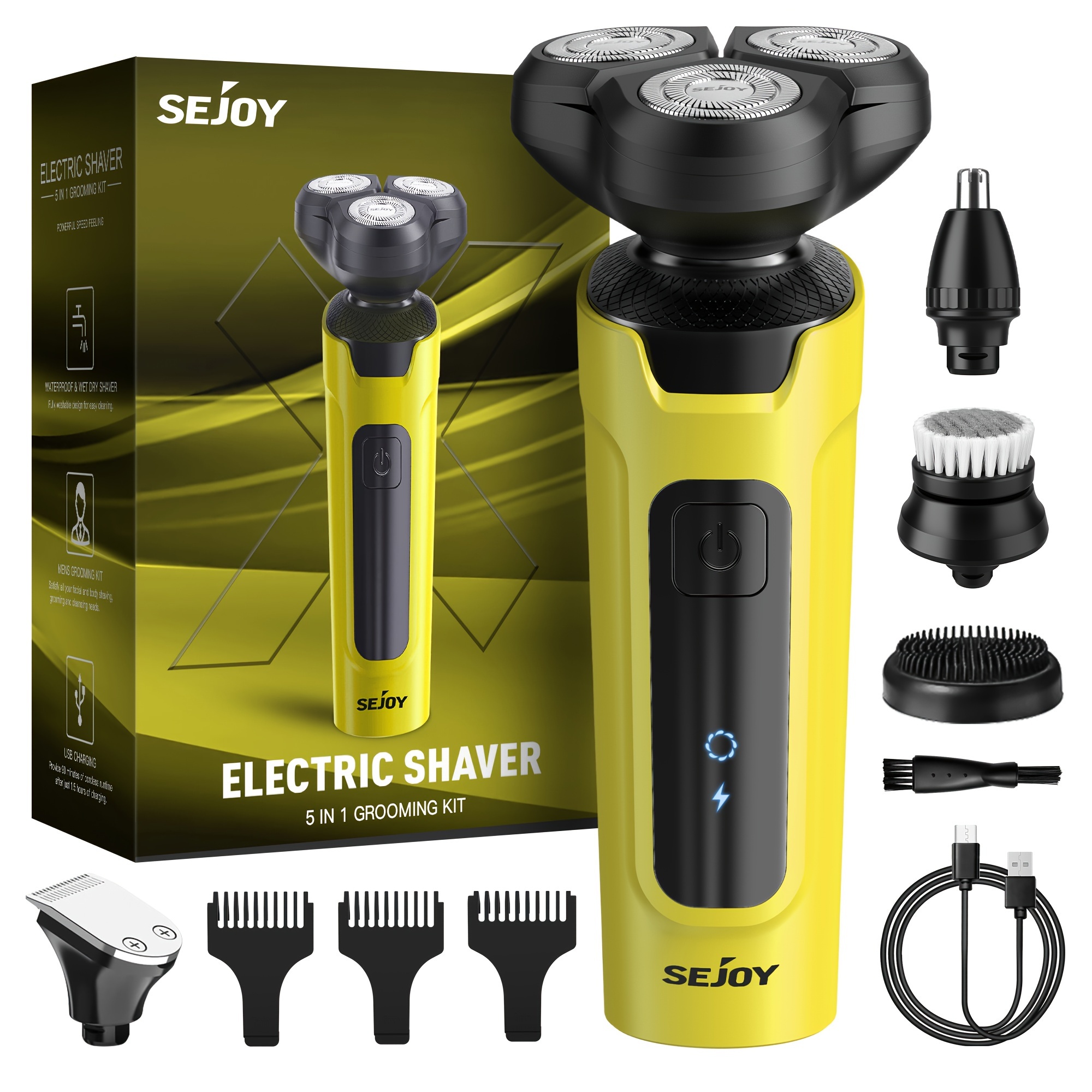 

Sejoy Electric Razor For Men Face, 5 In 1 Shavers For Men Pubic Hair And Beard, Dry Wet Rotary Men's Shaver Razors, Yellow