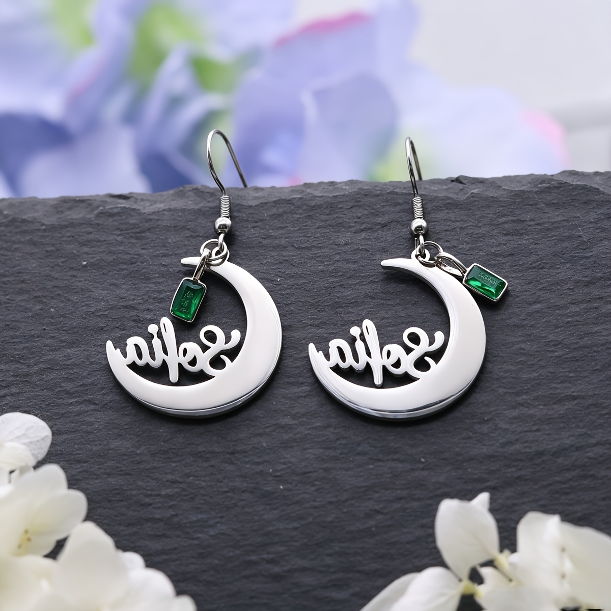 Personalized Green Crescent Moon Name Earrings, Gift for Her