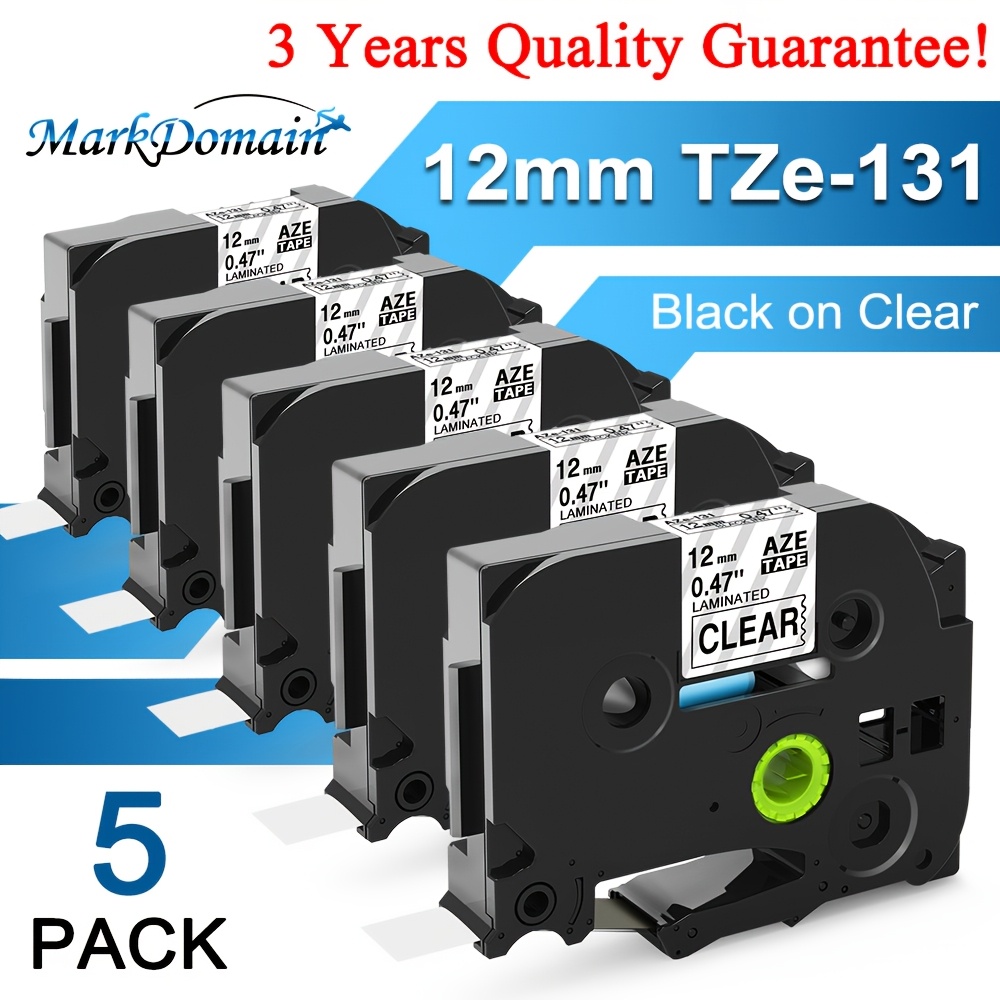 TEMU Paquete de 5 cintas de etiquetas laminadas para Brother TZ-131 TZe-131 de 12 mm, negras sobre transparente de 1/2", para etiquetadoras PT-D210